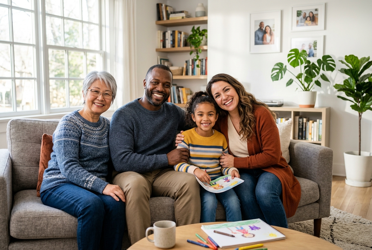 Confident, happy child drawing with family